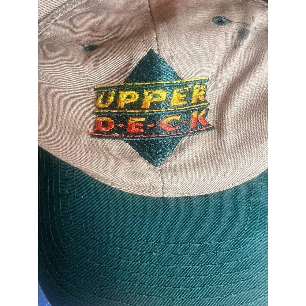 Vintage Upper Deck Trading Cards Logo Hat Tan Green Two Tone Baseball Cap‎